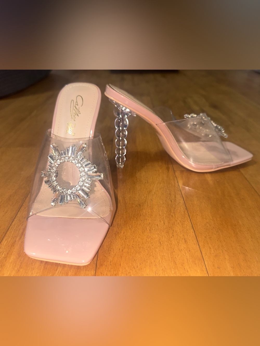 Embellished Pink/Nude Clear Heels with Sculpted Crystal Heel